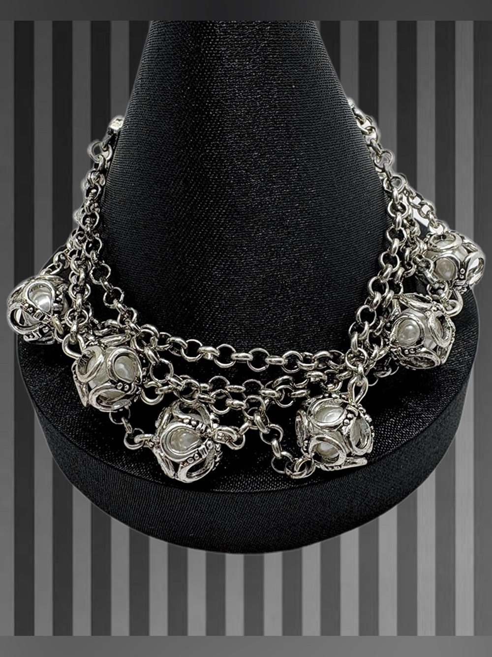 Premiere Designs Silver Toned Multi Chain Bracelet with Caged Faux Pearls